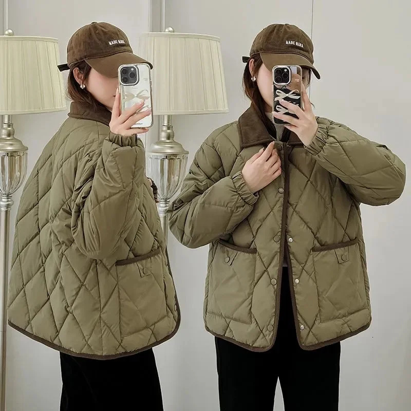 Lingge CottonPadded Jacket Women 2024 Loose Large Size Big Pocket Short Cotton Coat Autumn Winter Fashion Puffer Coats 240930