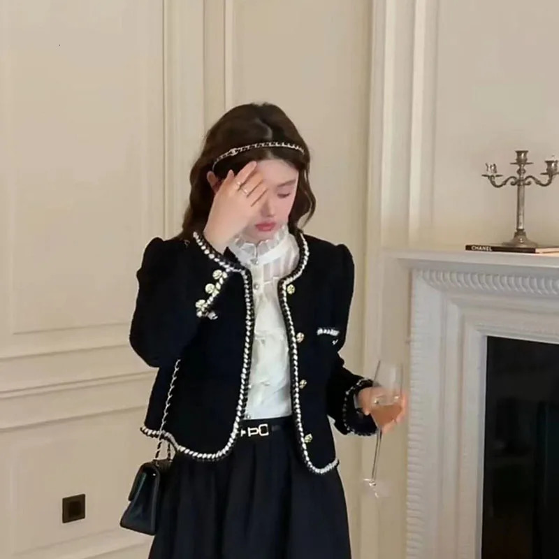 Retro womens jacket elegant single chest cut jacket coarse tweed long sleeved casual short sleeved Harajuku jacket 240930