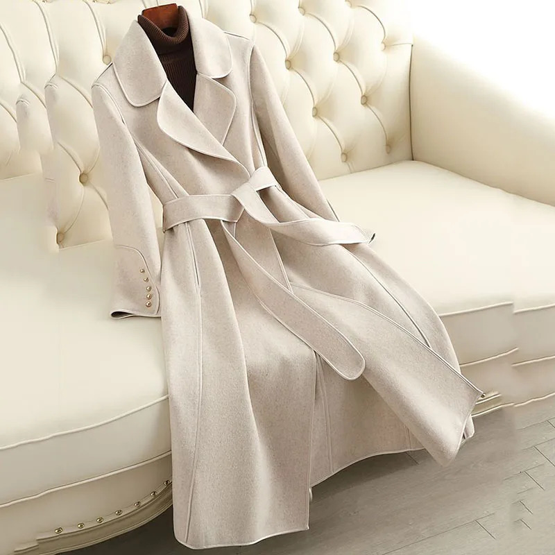 womens double-sided wool jacket spring and autumn long wool coat womens casual trench coat windproof coat camel 4XL 241007