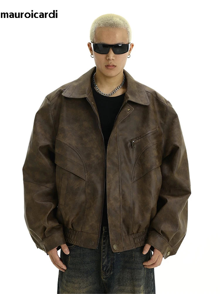 Mauroicardi Spring Cool Handsome Retro Distressed Brown Pu Leather jacket Men Zipper American Vintage Clothes 241011
