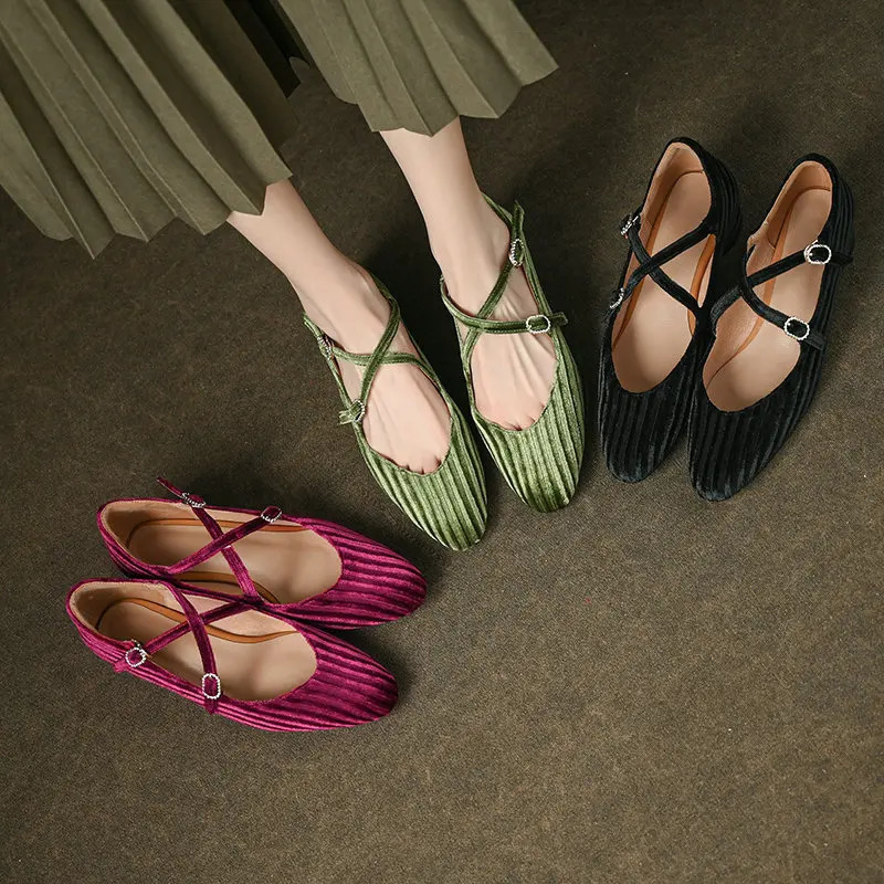 Velour Velvet Good Quality Women Med Round Heels Olive Army Green Cross-strap Vintage Retro Lady Mary Janes Pumps Office Shoes 241010