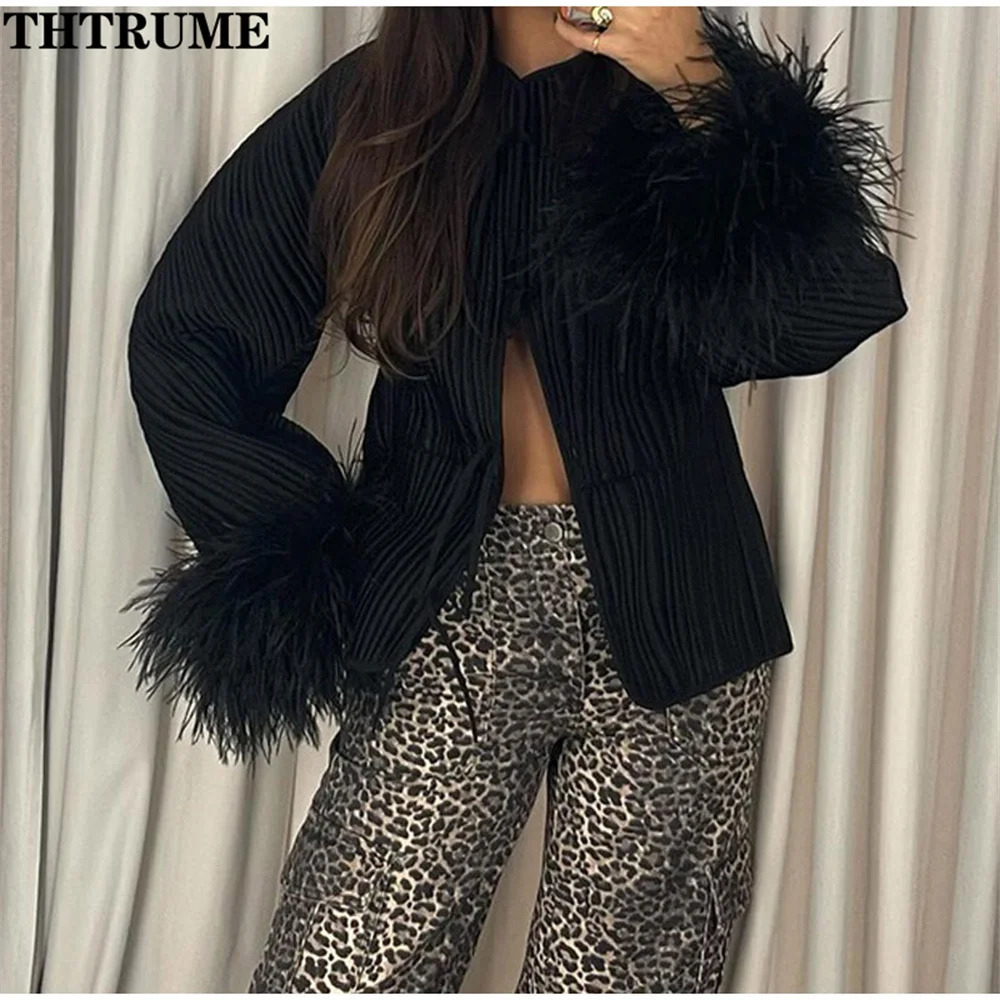 2024 Autumn Jackets Fashion Women Solid Spliced Feather Cuffs Lace Up ONeck Coats Casual Long Sleeve Elegant Chic Coat 241011