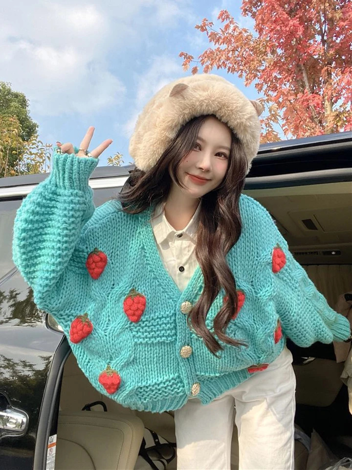 Zoki 3D Strawberry Sweet Cardigan Women Loose Long Sleeve Fashion Knitted Sweaters Korean Lazy Wind Casual Female Soft Cardigans 241009