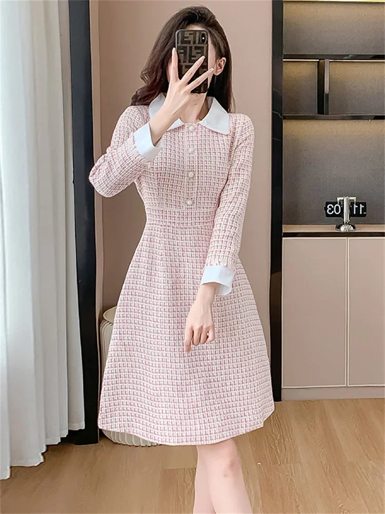 elegant pink coarse tweed womens clothing Korean fashion long sleeved lapel long sleeved wool A-line office womens dress Vestidos 241011