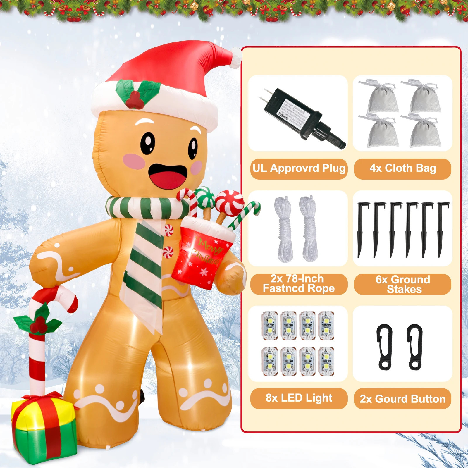 8FT Christmas Inflatables Outdoor Decorations Gingerbread Man Cute Xmas Blow Up Yard Decorations with 8 LED Lights for Decor 241007