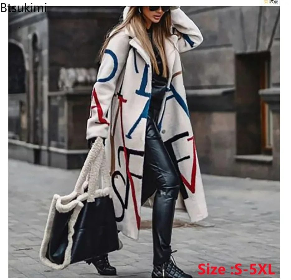 Spring/Summer Autumn Womens Coat Matching Plain Long Sleeve Collar Coat Printed Wool Coat Womens Coat 241007