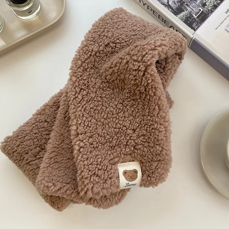 Cute Winter Womens Plush Scarf Soft Punched Scarf Solid Color Collar Cartoon Bear Girl Collar Warm Something 241007