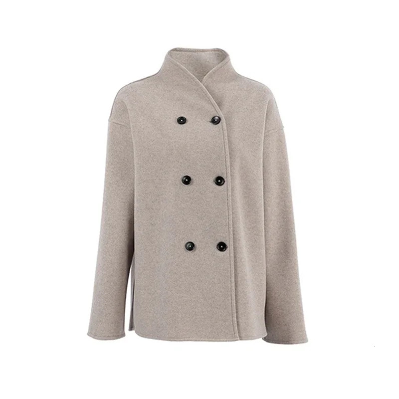 Retro Woolen Coats Double Breasted Stand Collar Short Jacket Office Lady Autumn Winter 2024 Loose Casual Outerwear 240930