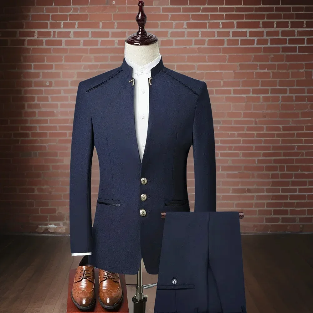 Men Wedding Suits With Stand Collar Slim Fit African Mandarin Style Groom Tuxedos Male Dress Prom Best Man Blazer 2 Pcs Set 2024