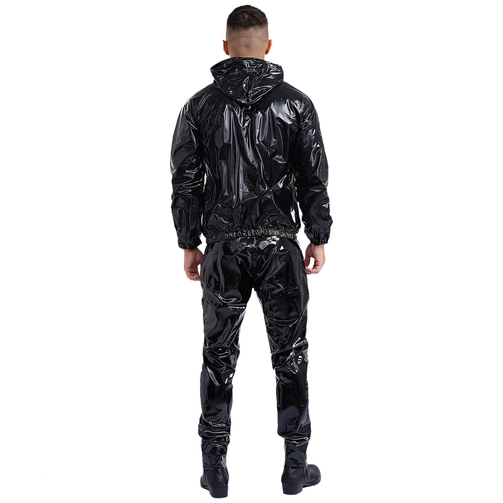 Unisex Womens Mens PVC Sauna Sweat Suit Exercise Workout Outfit Long Sleeve Zipper Drawstring Hooded Jacket Tops with Pants 241010