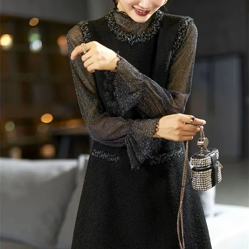 Autumn bright silk decal womens coarse tweed dress with pleated long sleeves elegant office ladies A-Line party Vestido 304P 241011