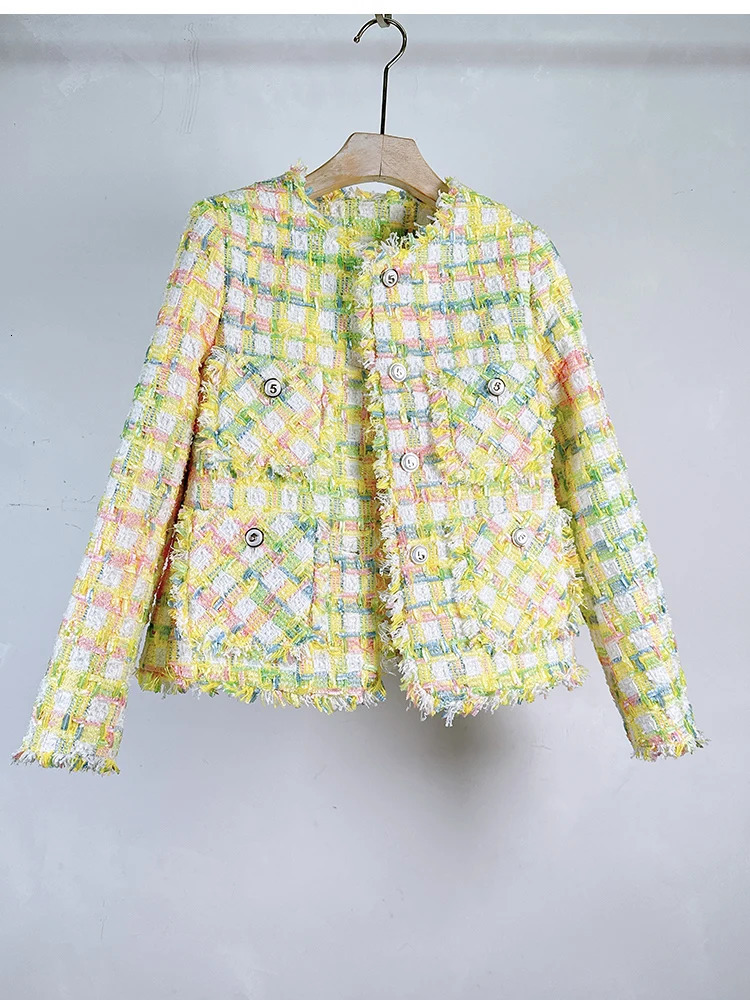 HighEnd Fall Winter y Elegant Woolen Tweed Jacket For Women AllMatch Plaid Pocket n Coats Female Casacos 241011