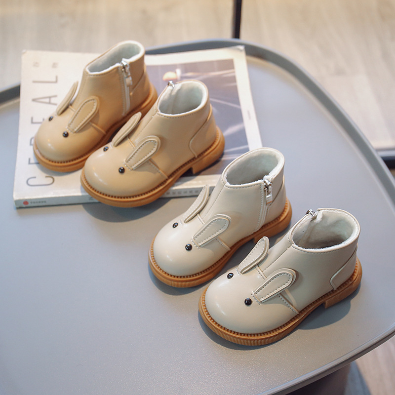 Cartoon Rabbit Baby Ankle Boots for Girls England Style Children Cute Bunny Winter Short Boots Low Heel Kids Girl Leather Shoes Sizes 21-30