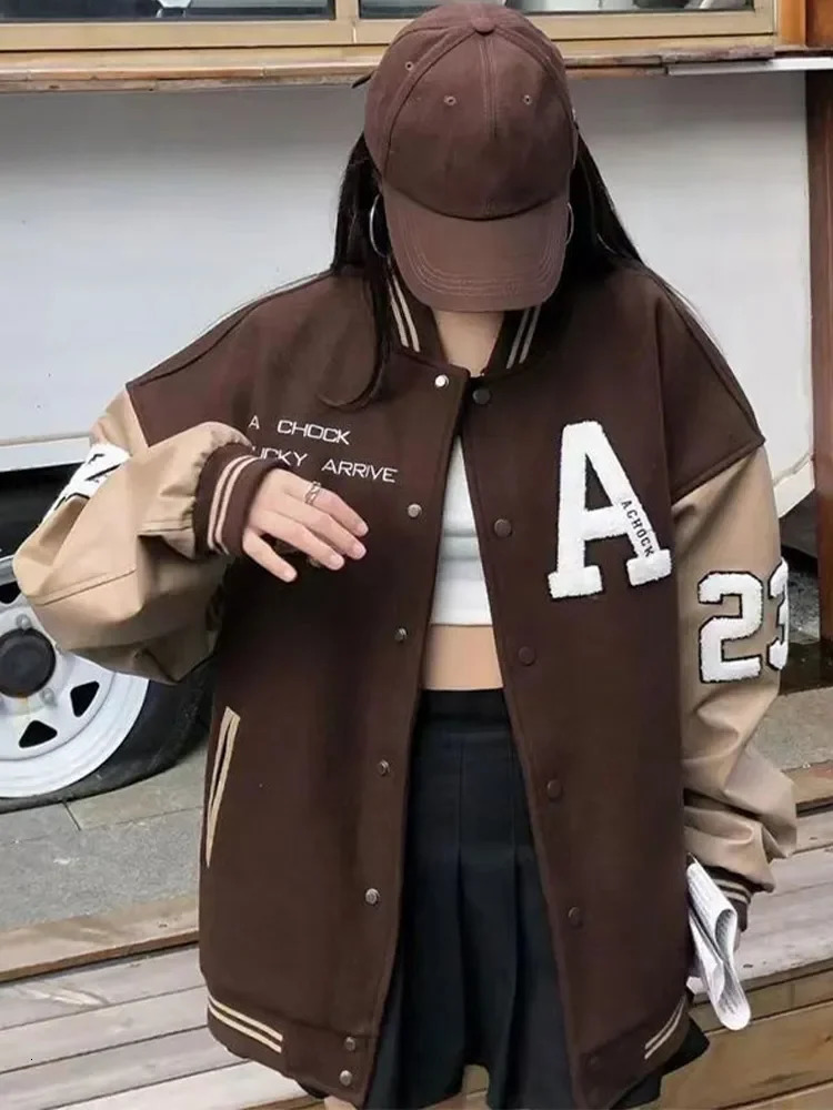 Fleece Baseball Jackets Women Autumn Vintage Bomber Coats Female Y2K Letter Printed Jacket Ladies Preppy Style Outerwear 241011