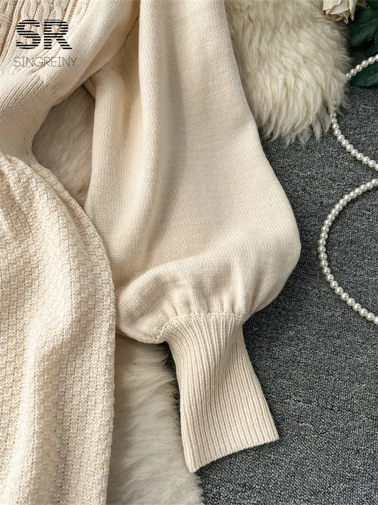 SINGREINY Loose Casual Knit Long Dress Women Solid Elastic Waist Lantern Sleeve O Neck Ladies Fashion Winter Sweater Dresses 241010