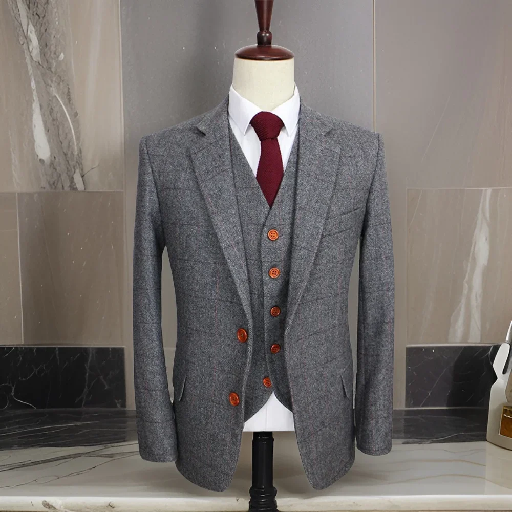 Wool British Style Suits For Men 2024 Herringbone Tweed 3 Pcs Wedding Grey Slim Fit Groom Tuxedo (Jacket + Pants + Vest)