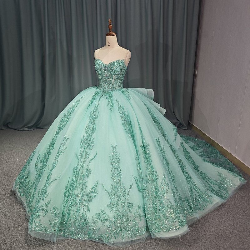 Mint Green Sweetheart Ruffles Train Ball Gown Quinceanera Dresses Sweet 16 Princess Sequin Applique Lace Beads Tull Vestidos 15 De Xv Anos