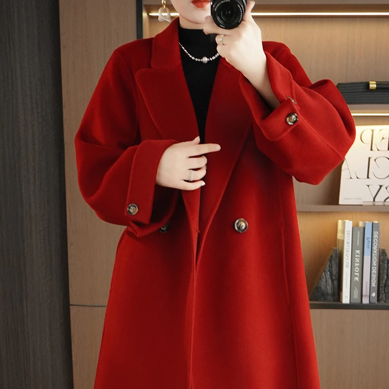 Autumn Wnd Winter Solid Color DoubleSided Wool Coat Womens HighEnd Sense Long Lapel Loose Temperament Woolen 240930