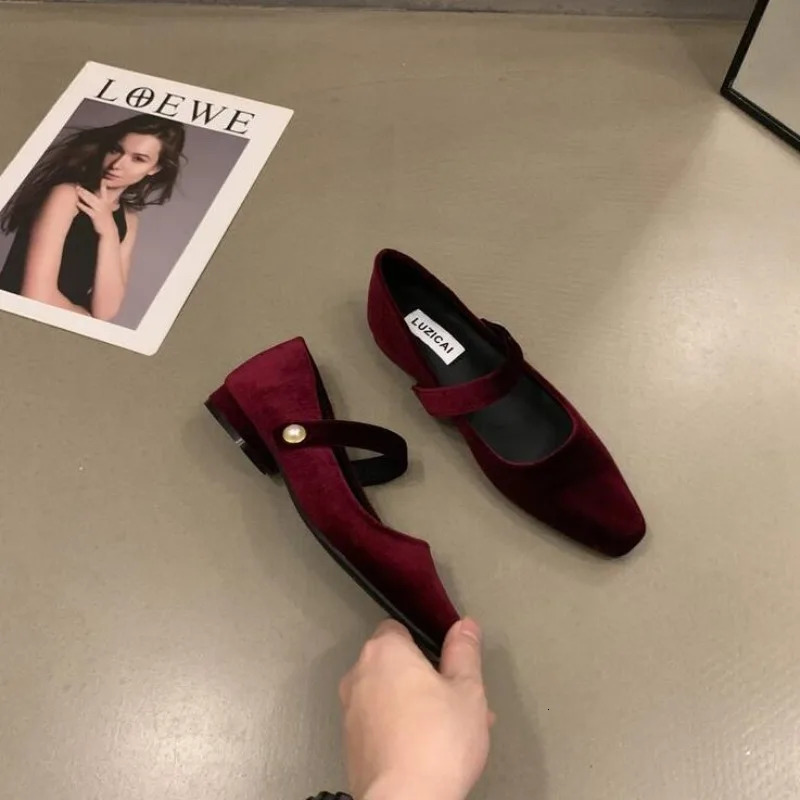 Elegant Pearl Buckle Velour Mary Jane Shoes Woman Concise Veet Ballet Flats Ladies Evening Party Low Heel Pumps In Wine-Red 241031