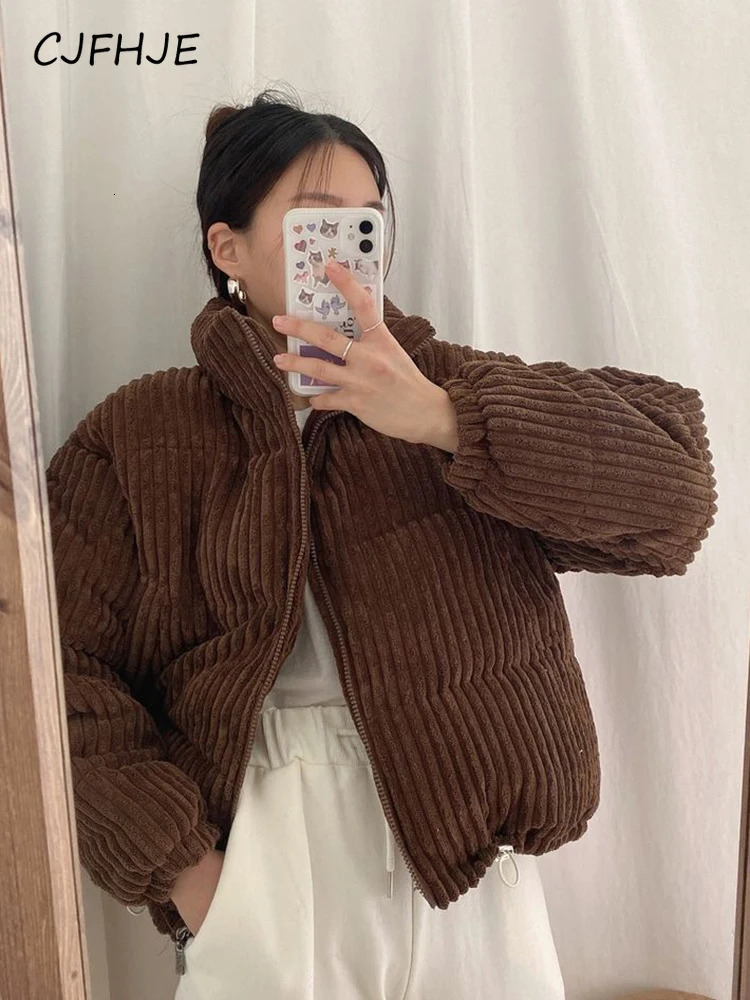 CJFHJE Simple Thick Corduroy Puffy Coat Women Fashion Solid Short Parkas Casual Winter Warm Female Cotton Down Zipper Jacket 240930