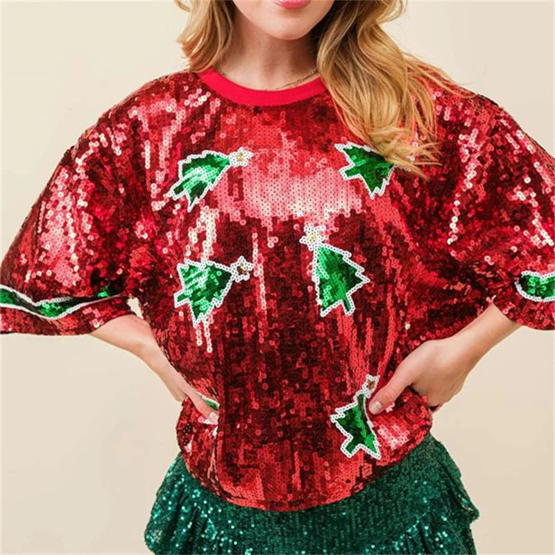 2024 Christmas Trendy Sequin Sweatshirts for Women Cute Santa Graphic Oversized Sweater Shirts Long Sleeve Pullover Hoodies 241011