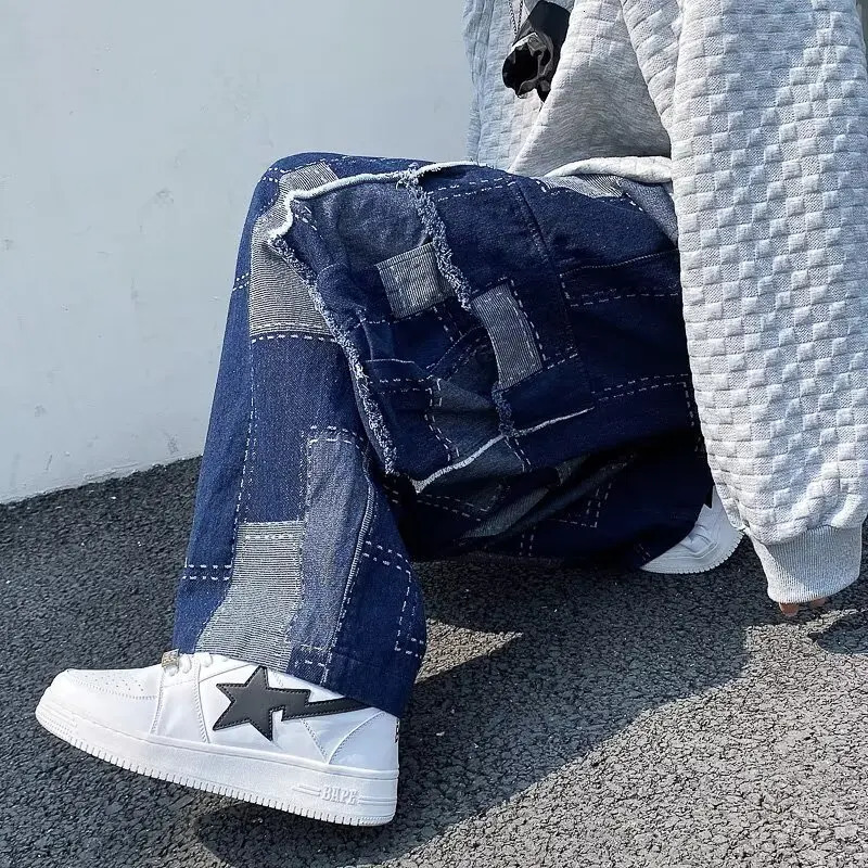 Y2K splicing straight jeans loose cargo large pocket pants Japanese Harajuku streetwear Korean fashion loose wide leg jeans 241007