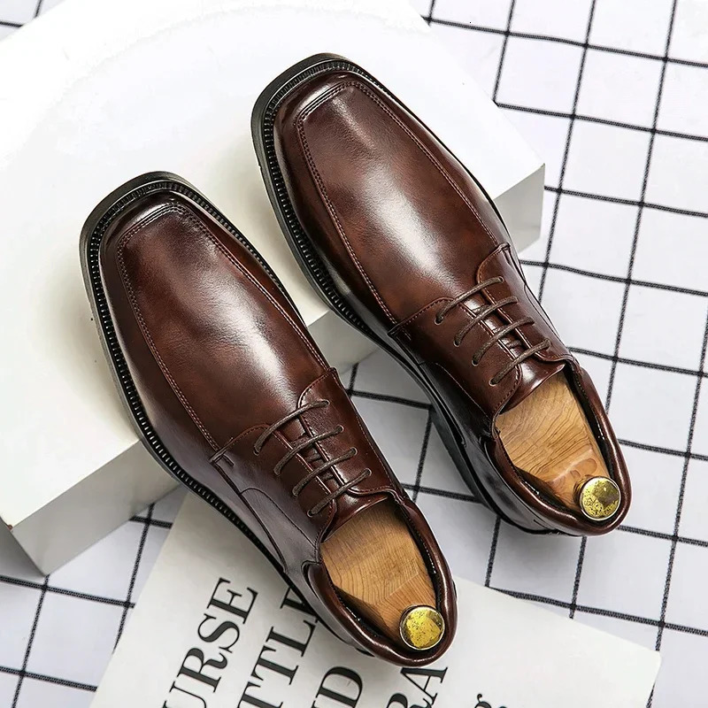 High quality business mens square headed mens casual leather shoes lace wedding mens gentlemens derby shoes 241007