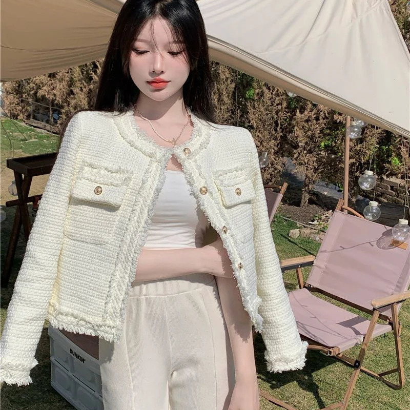 Rimboy fashionable and elegant white tweed jacket for women aesthetic long sleeved jacket for women round neck cut jacket for women 240930