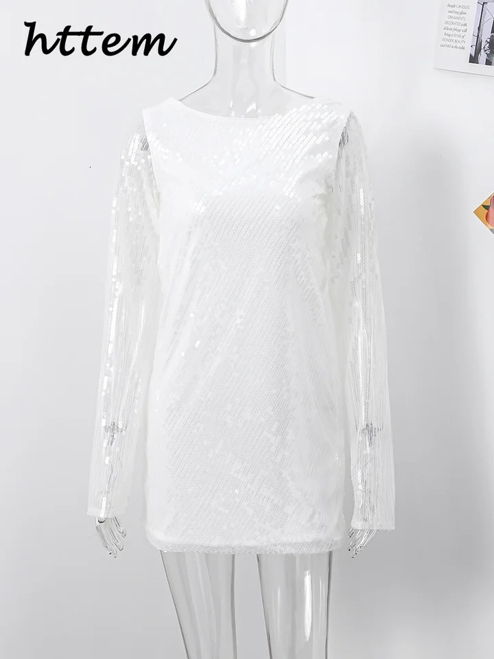 Sexy sequined backless mini dress womens O-neck long sparkling sleeves womens party dress autumn womens sparkling night club Viscodo 241011