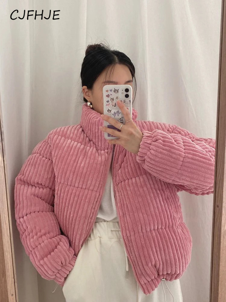 CJFHJE Simple Thick Corduroy Puffy Coat Women Fashion Solid Short Parkas Casual Winter Warm Female Cotton Down Zipper Jacket 240930