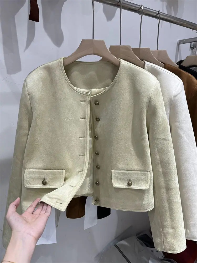 Short Coat Suede Small Fragrance Spring WomenS French Round Neck Solid Color Casual Top Autumn 241011