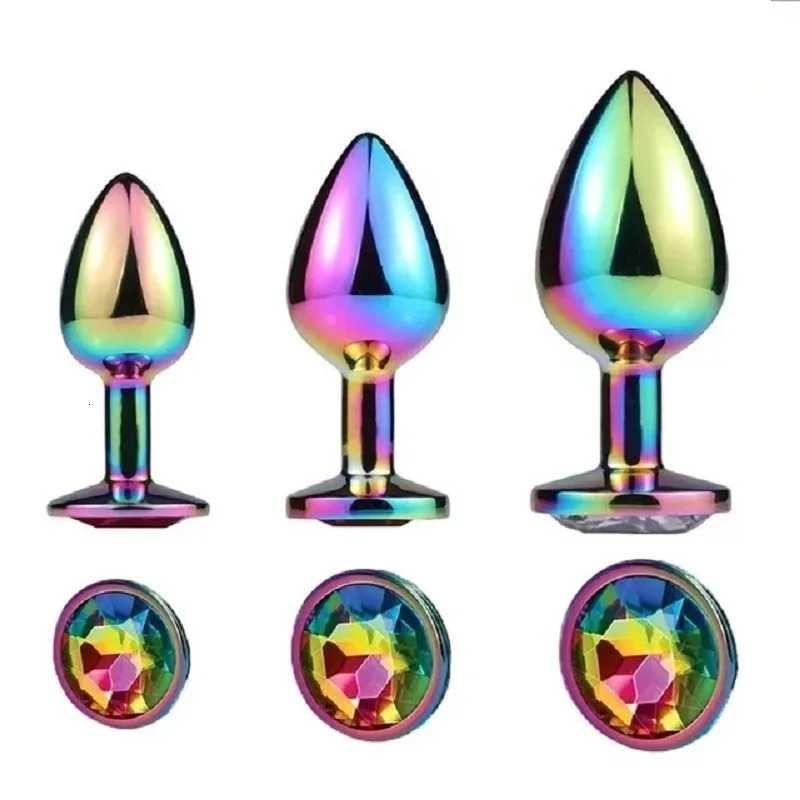 Rose Gold Rainbow Metal Anal Beads Butt Plug Set Colorful Crystal Mini Small Medium Large Anal Plug Jewelry Sex Toy Insert 241010