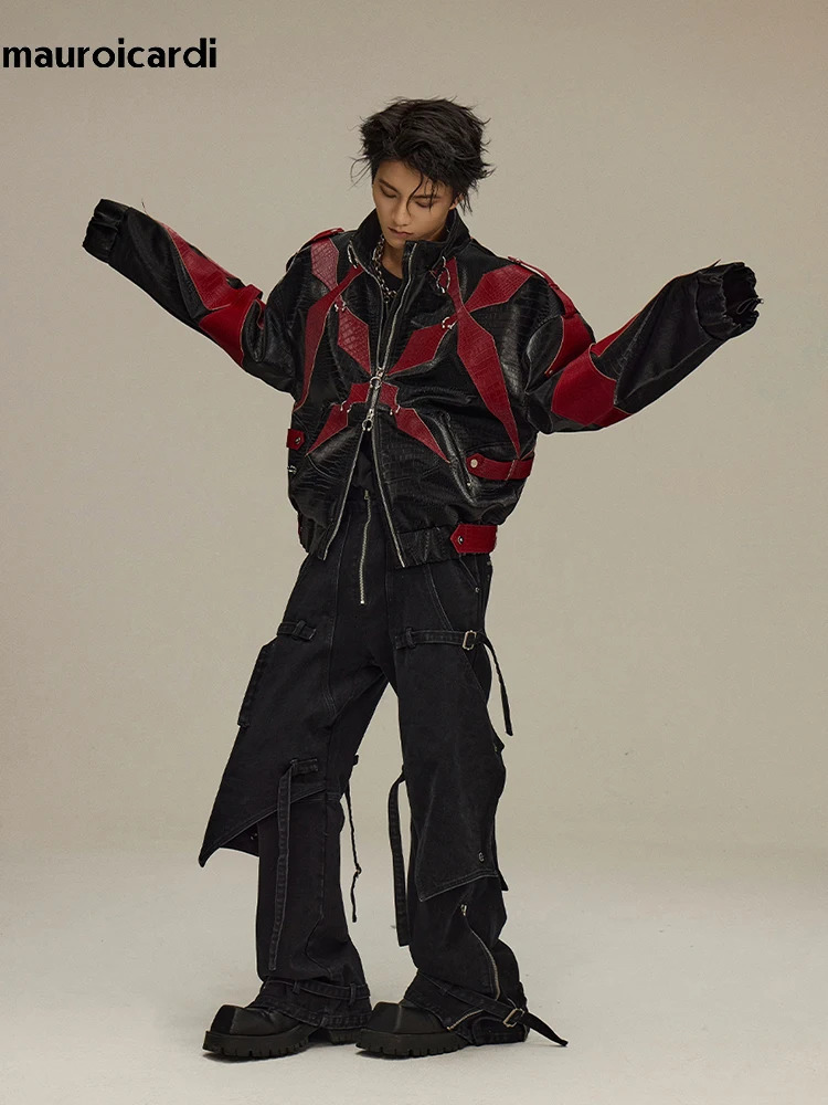 Mauroicardi Spring Autumn Cool Handsome Print Patchwork Pu Leather Jacket Men Color Block Clothes 2024 241011