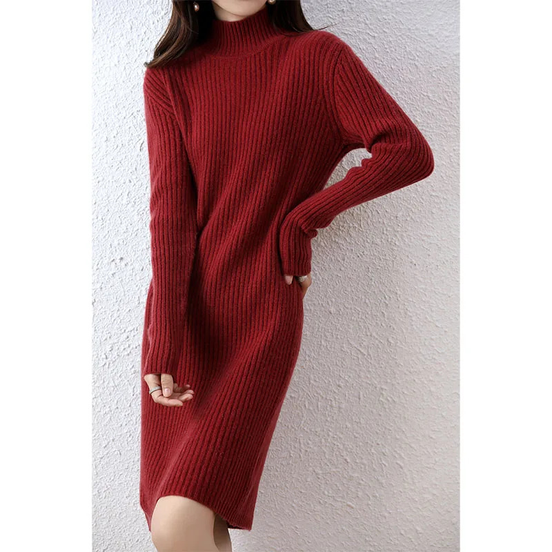 Fashion cashmere sweater womens knitted dress 100% Merino wool turtle neck elegant dress autumn and winter long sleeved short sleeved 241011