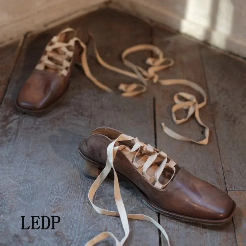 LEDP Retro Lace-up Mary Jane Women 2024 Summer Chunky Heel Square Head Made Old Back Empty Ballet New Shoes High Quality 240927