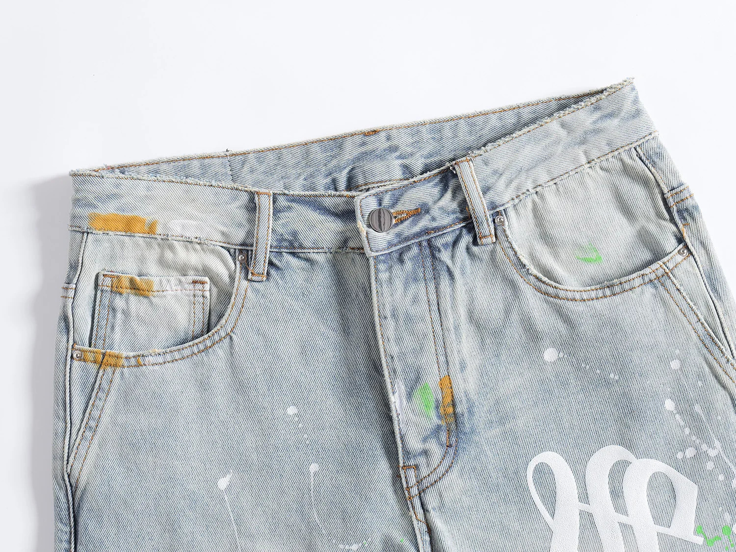 mens open top jeans with letter printing ultra-thin suitable for stacking denim Trouser hand drawn button fly cotton Flared jeans 240924