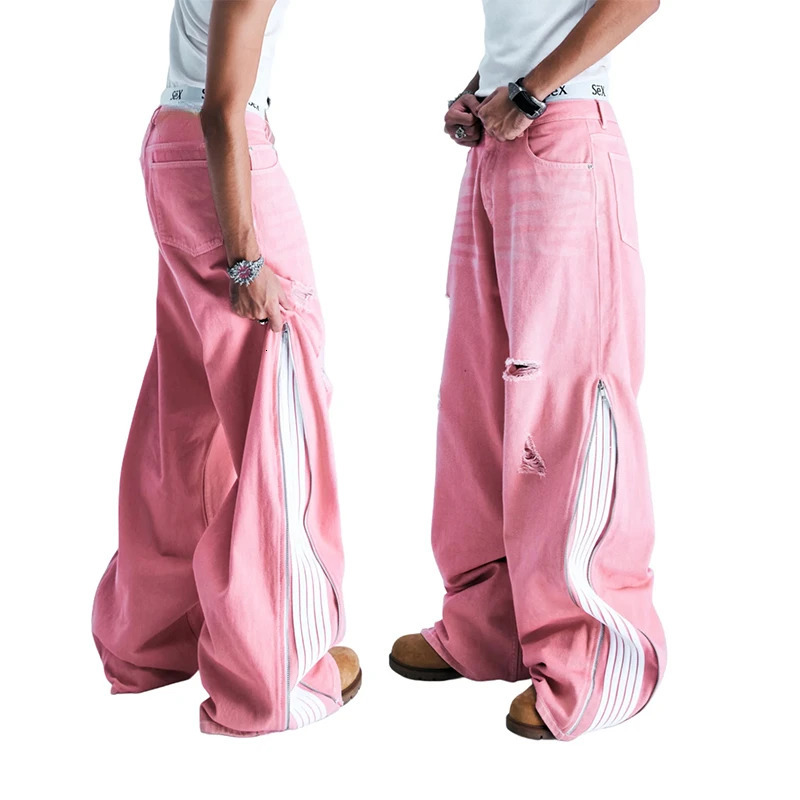 Y2K pocket jeans striped embroidered patchwork zipper sports pants Harajuku mens style hiphop street casual wide leg 241010