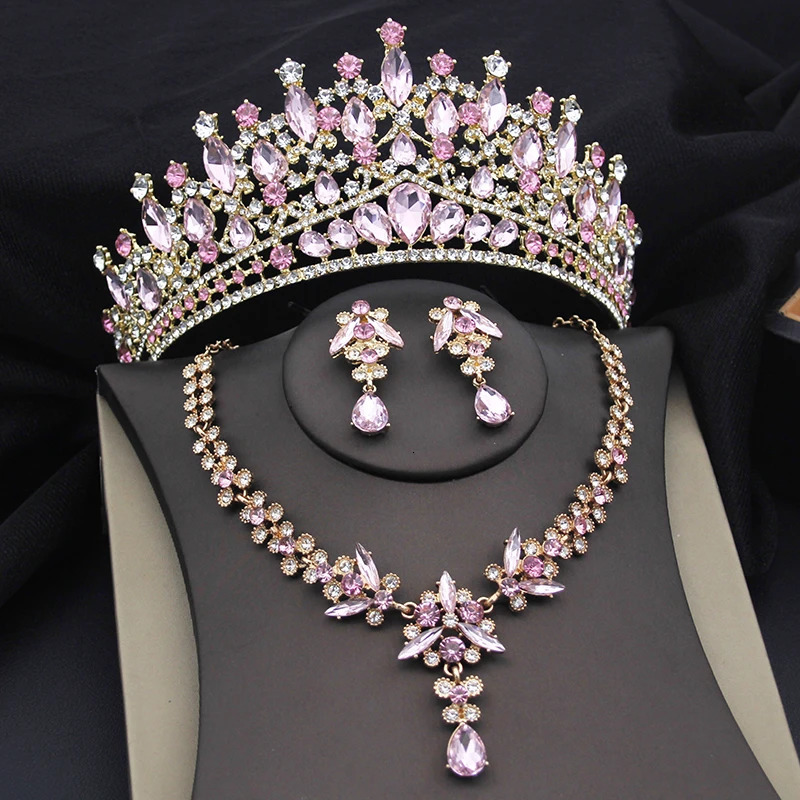 Purple Crystal Tiaras and Necklace Earrings Crown Bridal Set Jewelry Princess Bridal Dress Accessories 241007