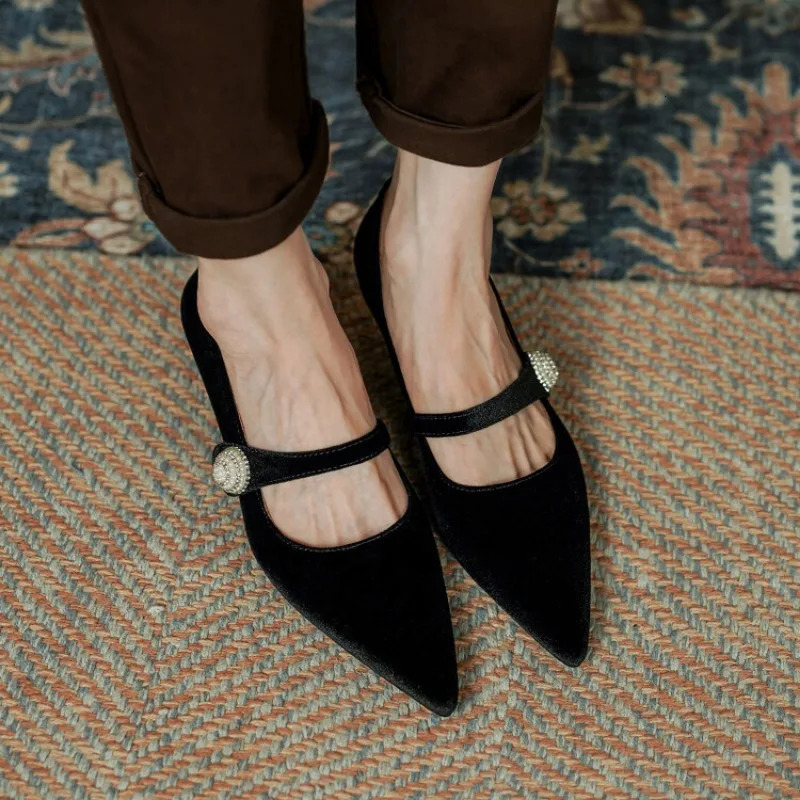 LeShion Of Chanmeb Women Wine Red Velour Shoes Spike Heels Pointy Toe Mary Janes Pumps Pearls Button Black Velvet Shoes Woman 40 241010