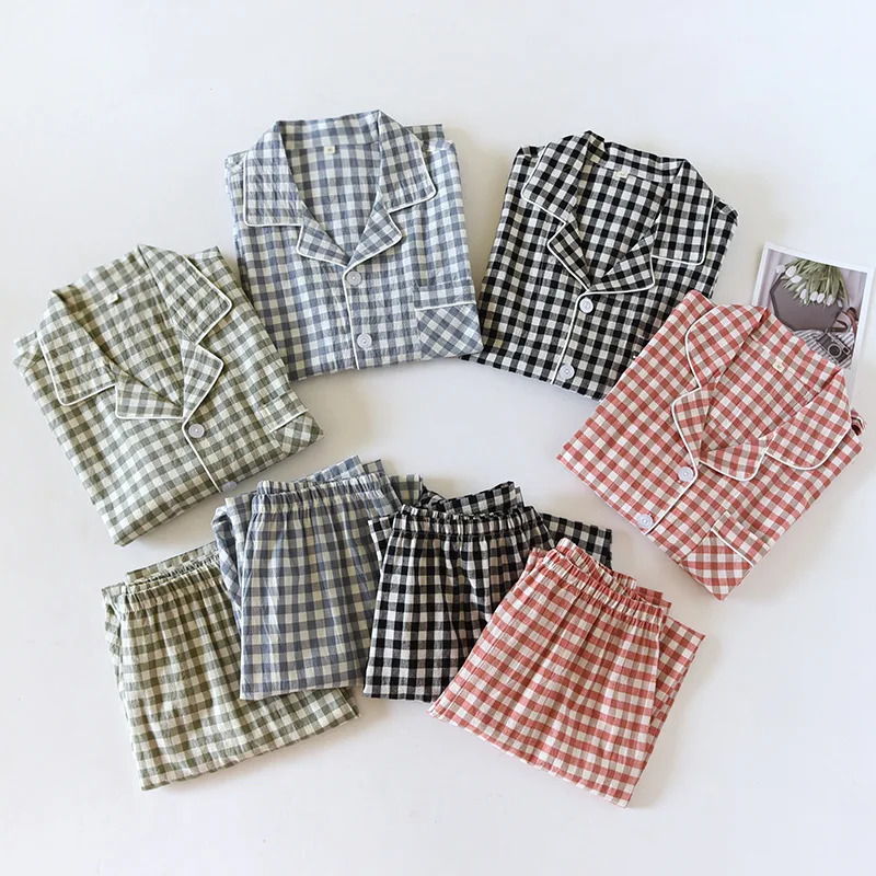 Japanese Spring/Summer Couples Pajama Set 100% Cotton Mens and Womens Checkered Long Sleeve Two Piece Home Furniture 241007