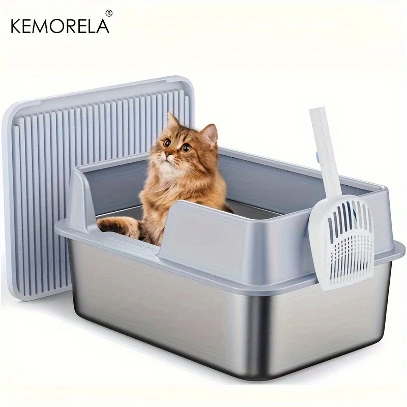 Large Stainless Steel Cat Litter Box, Open Cat Toilet, Durable, Comfortable and Easy to Clean with a Litter Scoop and Litter Mat