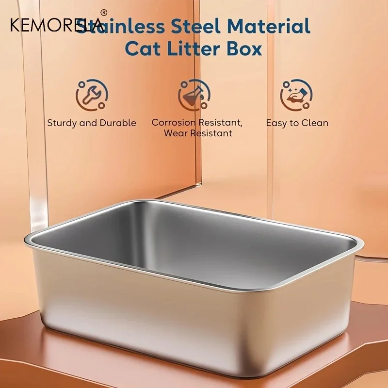 Large Stainless Steel Cat Litter Box, Open Cat Toilet, Durable, Comfortable and Easy to Clean with a Litter Scoop and Litter Mat
