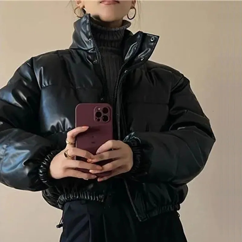 Lucyever 2024 Autumn Winter CottonPadded Jacket Women Black Pu Leather Short Parkas Woman Thicken Warm Stand Collar Parka Coat 240930