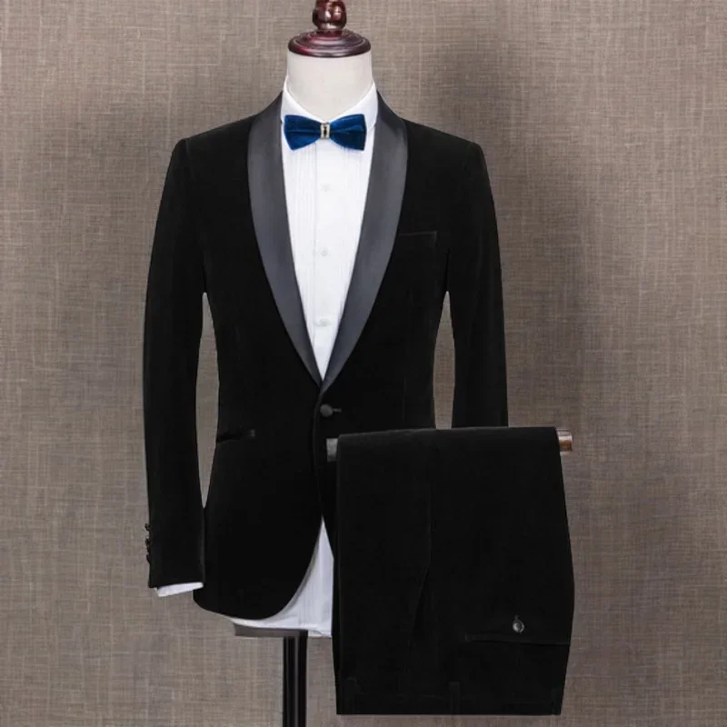 Velvet Formal Men's Suits Slim Fit Groom Tuxedo For Wedding Prom 2 Pcs Shawl Collar Male Suit Smoking Jacket (Blazer+Pants) 2024
