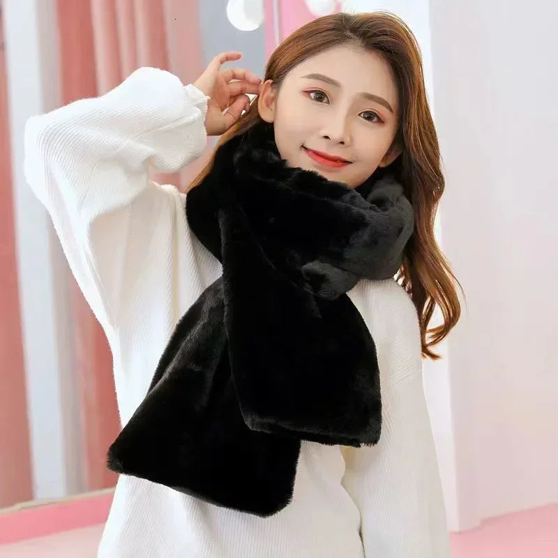 Korean rabbit fur scarf for winter warmth thick double-sided collar elegant womens plush scarf solid color collar protector 241007