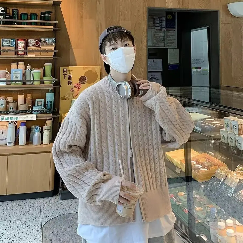 Mens Open Collar Loose Knitted Jacket Warm Korean Fashion Harajuku Sweater Mens Retro Long Sleeve Color Blocked Jacket 241011