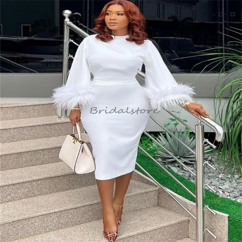 Chic White Short Prom Dresses With Feather O Neck Knee Length Long Sleeve Evening Dress African Black Women Cocktail Dresses Elegant Formal Vestios De