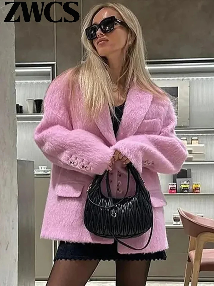 Womens Elegant Wool Coat Turn Down Collar Single Breasted Pink Long Sleeve Thicken Jackets Ladies 2024 Loose Outwear 241011