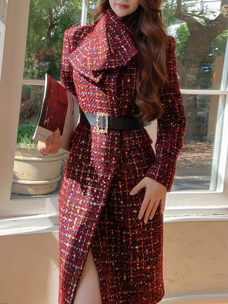 Dabuwawa Detachable Scarf Collar Tweed Woolen Coat Women Christmas Party Adjustable Waist Jacket Elegant Outwear DM1DCO007 241011