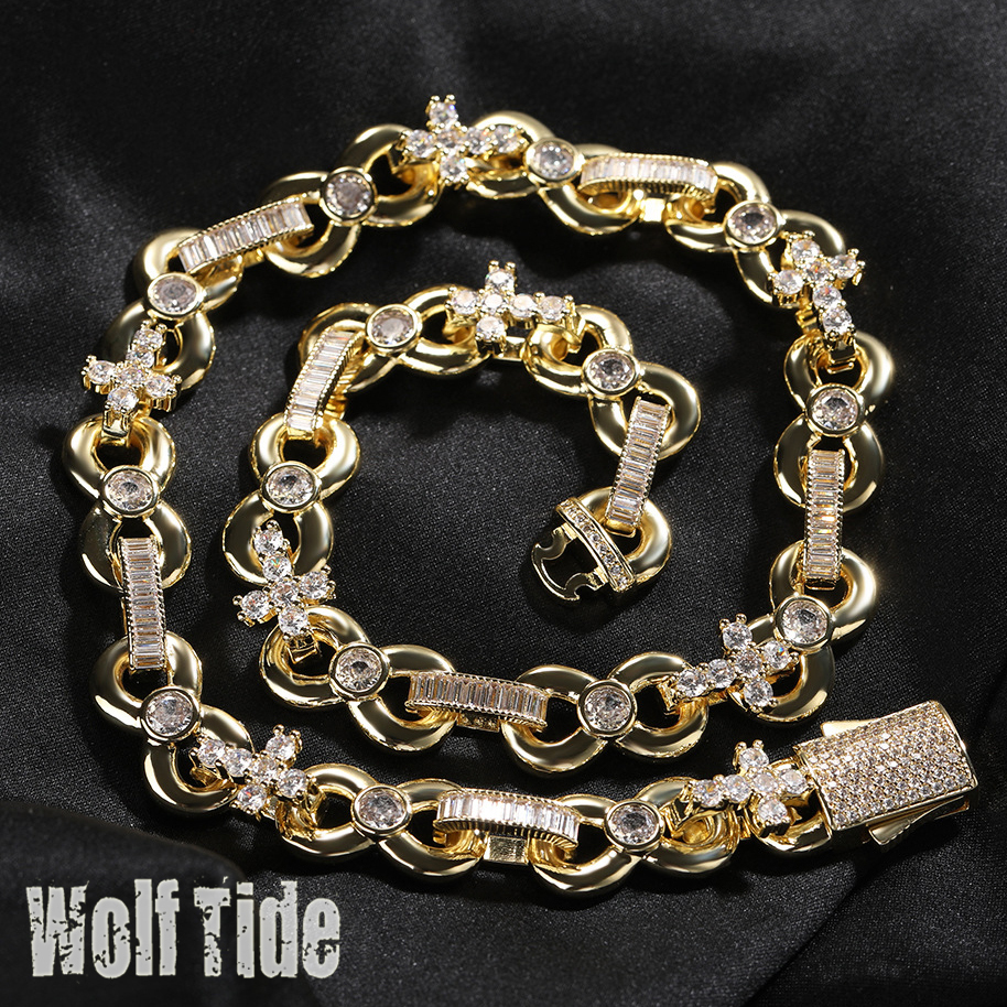 12mm Top Quality Mens Cross Infinite Sign Charms Necklace Choker Iced Out CZ Cubic Zirconia Hip Hop Accessories Spring Buckle Cool Punk Rock Jewelry B